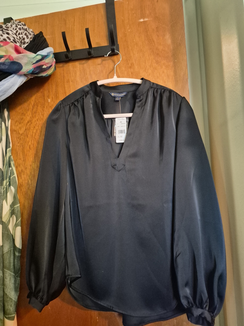 Brooks Brothers Black Satin Open V-Neck Blouse